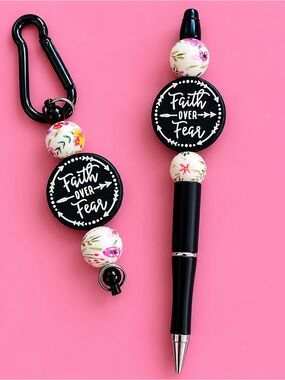 Faith Over Fear Pink Floral keychain/bag charm & Pen Set